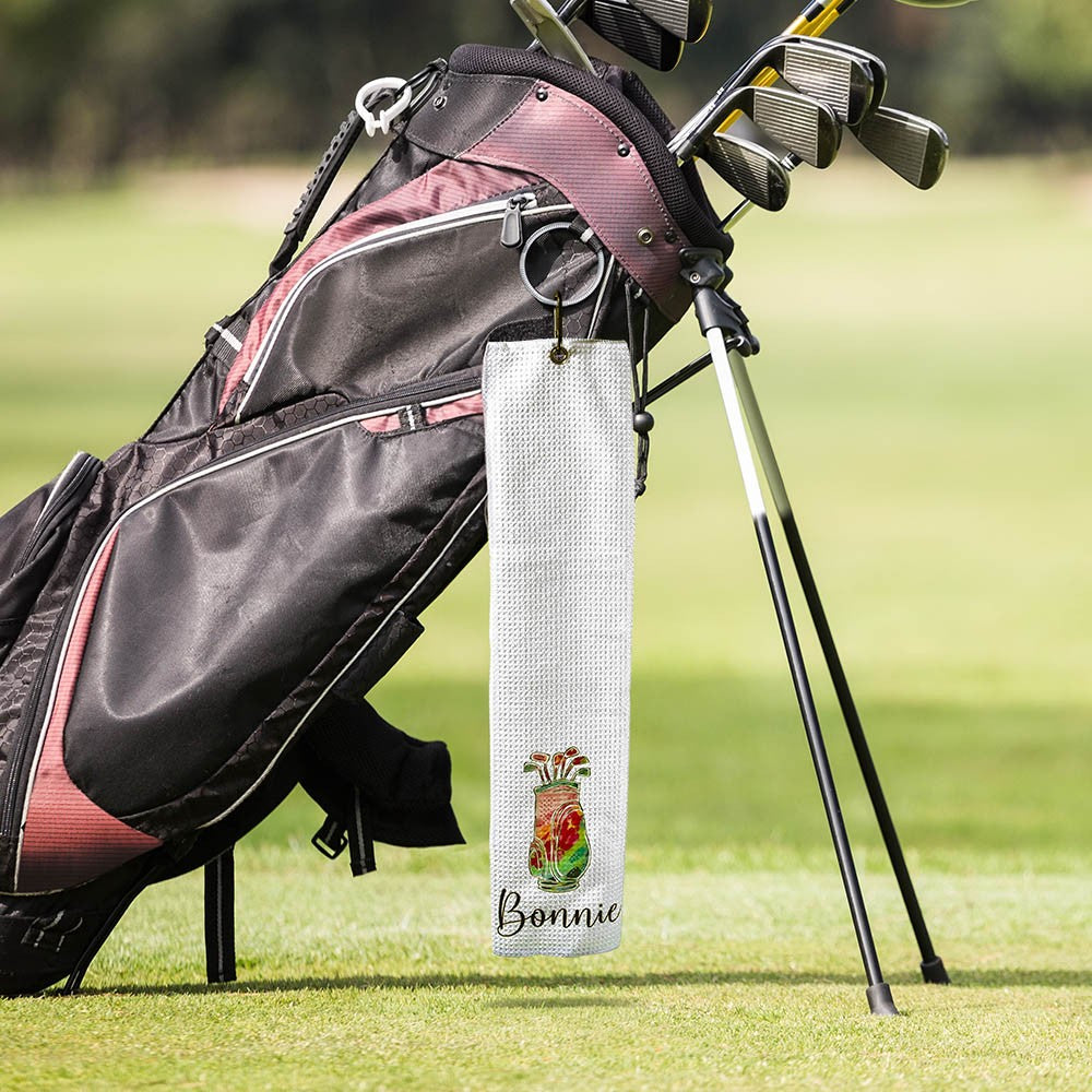 Personalized Colorful Golfing Clubs Waffle Towel with Hanging Clip and Name, Absorb Sweat Golf Towel, Birthday Gift for Golf Lovers