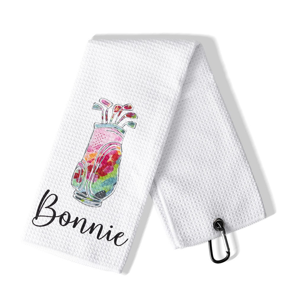Personalized Colorful Golfing Clubs Waffle Towel with Hanging Clip and Name, Absorb Sweat Golf Towel, Birthday Gift for Golf Lovers