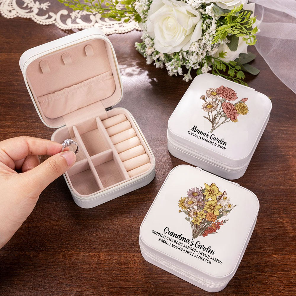 Personalized Vintage Birth Flower Jewelry Box, Custom Name Leather Travel Jewelry Case, Birthday/Mother's Day/Anniversary Gift for Mom/Grandmom/Her