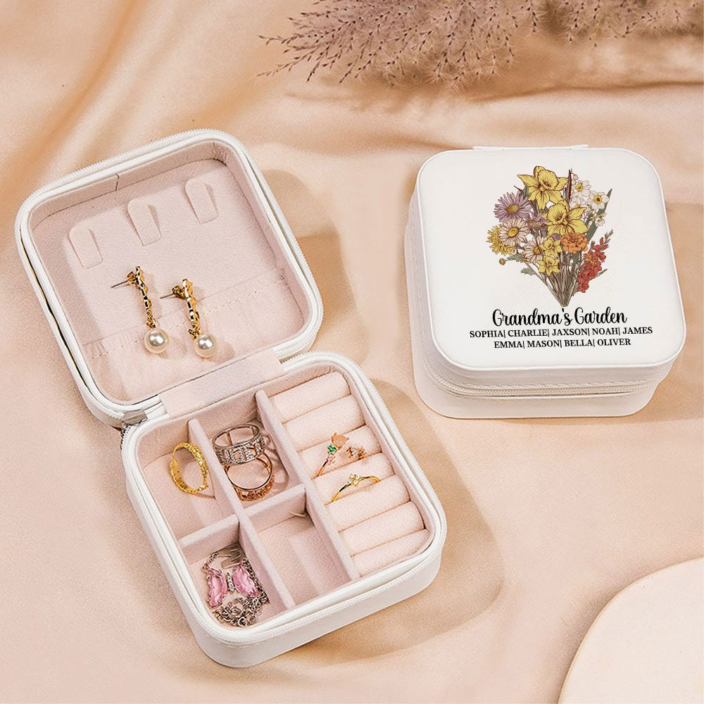 Personalized Vintage Birth Flower Jewelry Box, Custom Name Leather Travel Jewelry Case, Birthday/Mother's Day/Anniversary Gift for Mom/Grandmom/Her