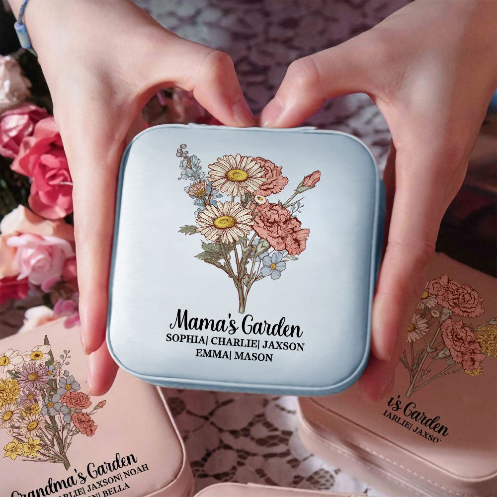 Personalized Vintage Birth Flower Jewelry Box, Custom Name Leather Travel Jewelry Case, Birthday/Mother's Day/Anniversary Gift for Mom/Grandmom/Her