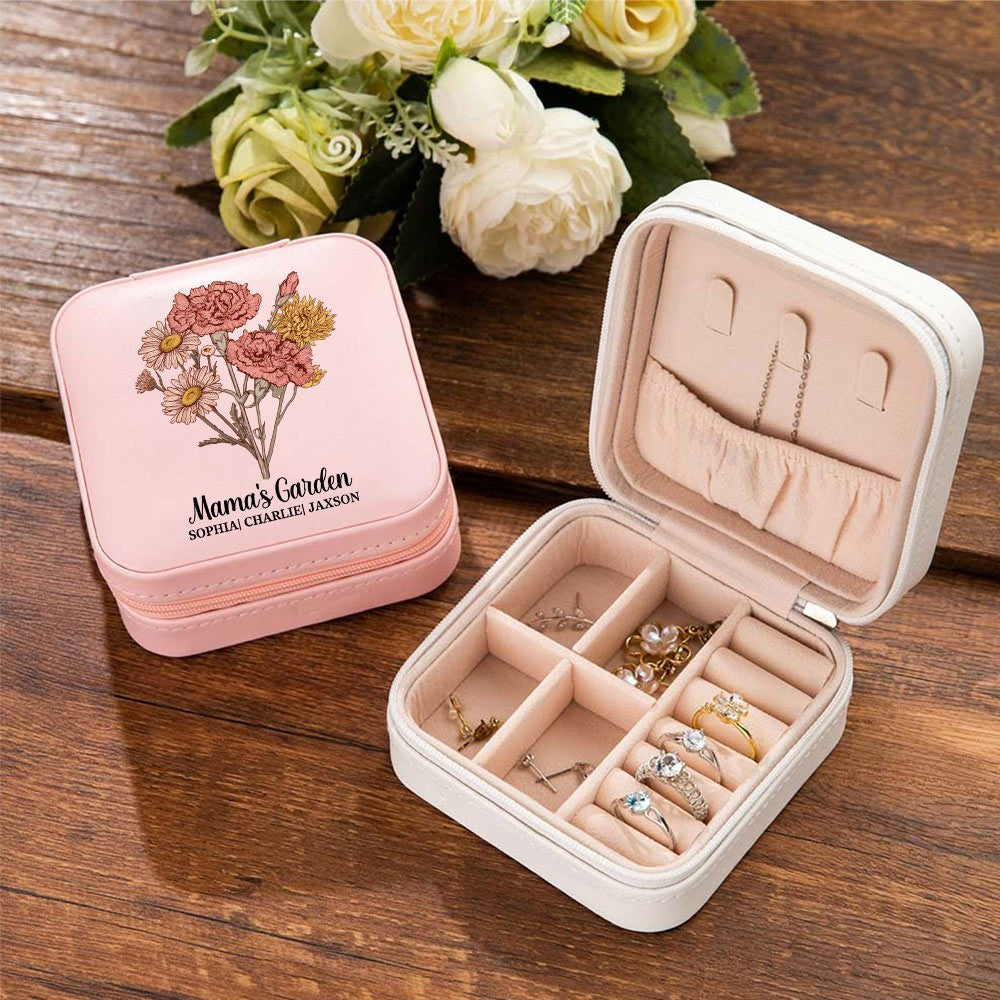 Personalized Vintage Birth Flower Jewelry Box, Custom Name Leather Travel Jewelry Case, Birthday/Mother's Day/Anniversary Gift for Mom/Grandmom/Her