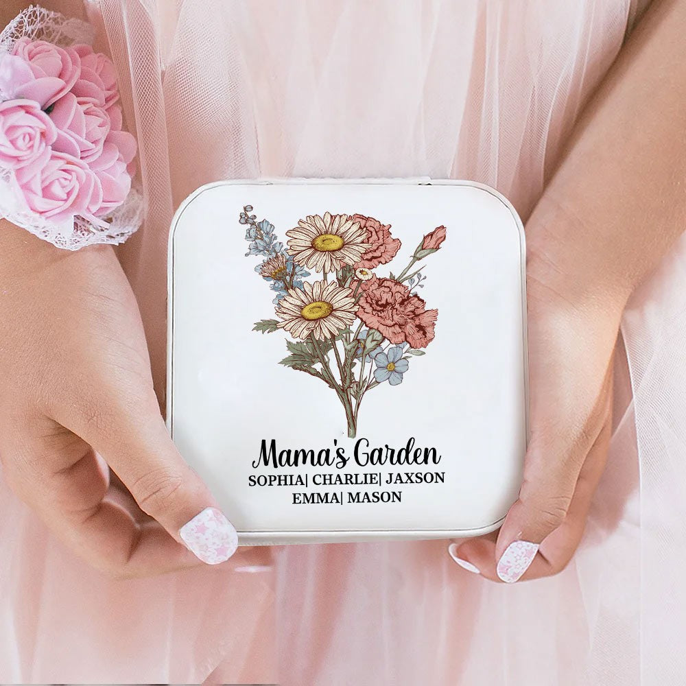 Personalized Vintage Birth Flower Jewelry Box, Custom Name Leather Travel Jewelry Case, Birthday/Mother's Day/Anniversary Gift for Mom/Grandmom/Her
