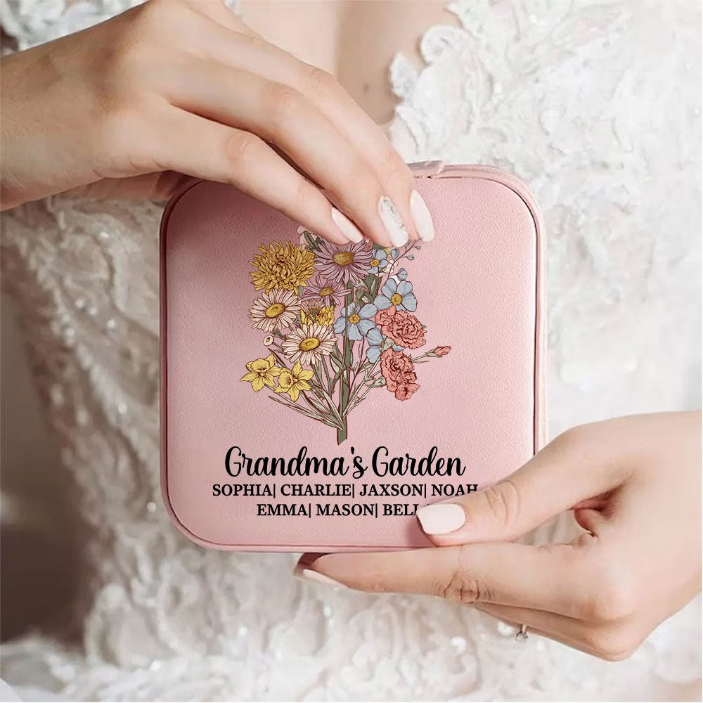 Personalized Vintage Birth Flower Jewelry Box, Custom Name Leather Travel Jewelry Case, Birthday/Mother's Day/Anniversary Gift for Mom/Grandmom/Her