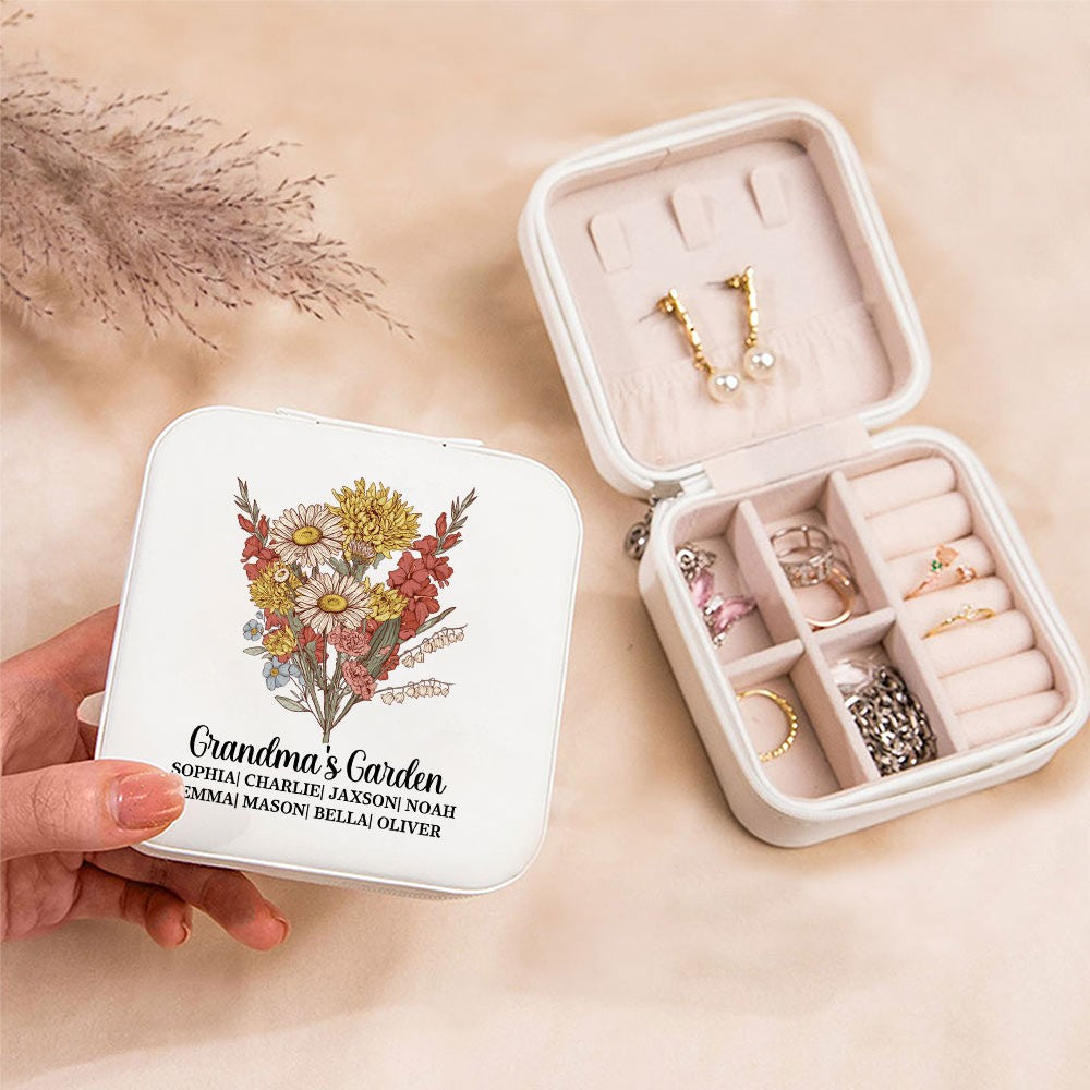 Personalized Vintage Birth Flower Jewelry Box, Custom Name Leather Travel Jewelry Case, Birthday/Mother's Day/Anniversary Gift for Mom/Grandmom/Her