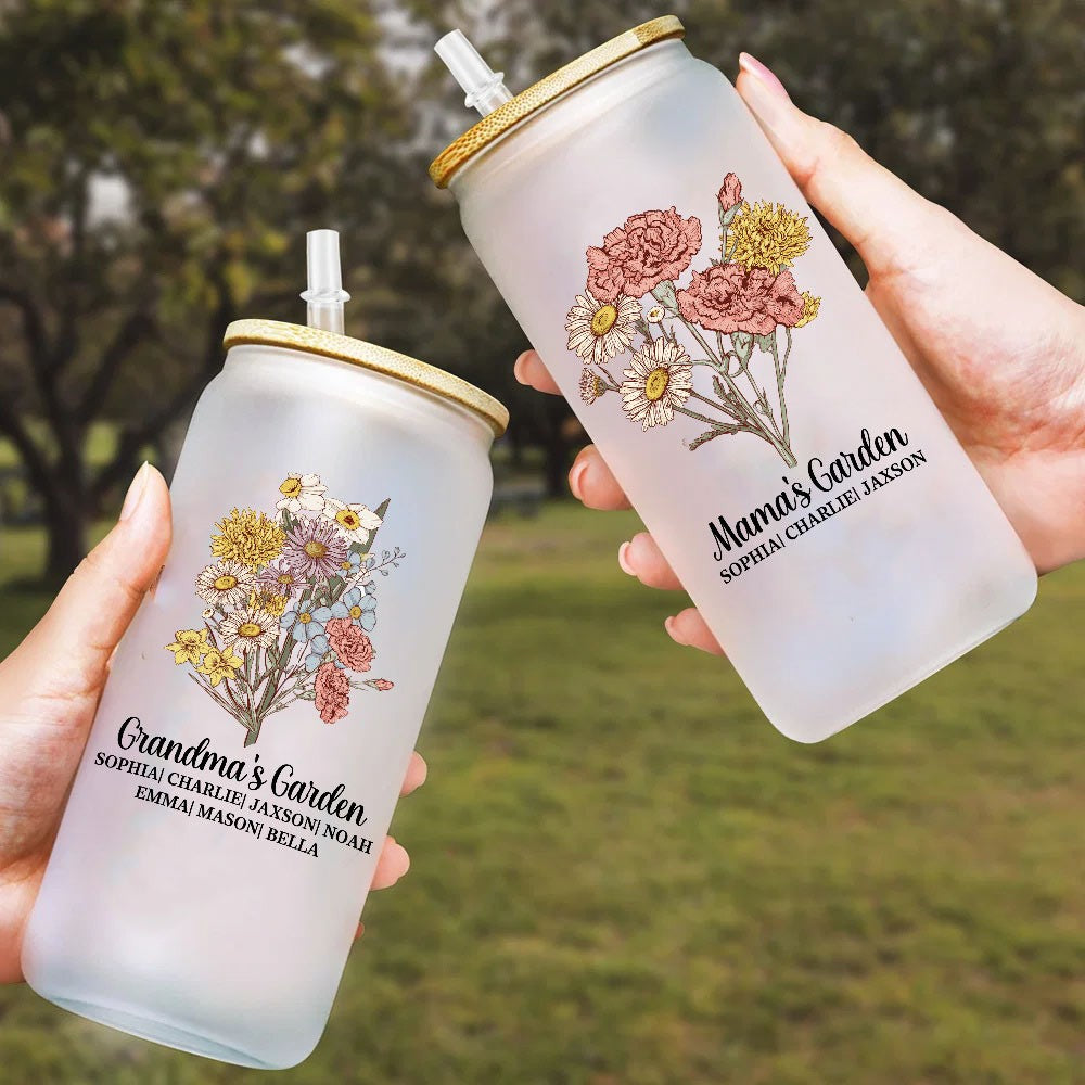 Personalized Watercolor Birth Flower Glass Cup, Custom Name Frosted Glass Tumbler with Bamboo Lid and Straw, Birthday/Anniversary Gift for Family/Her