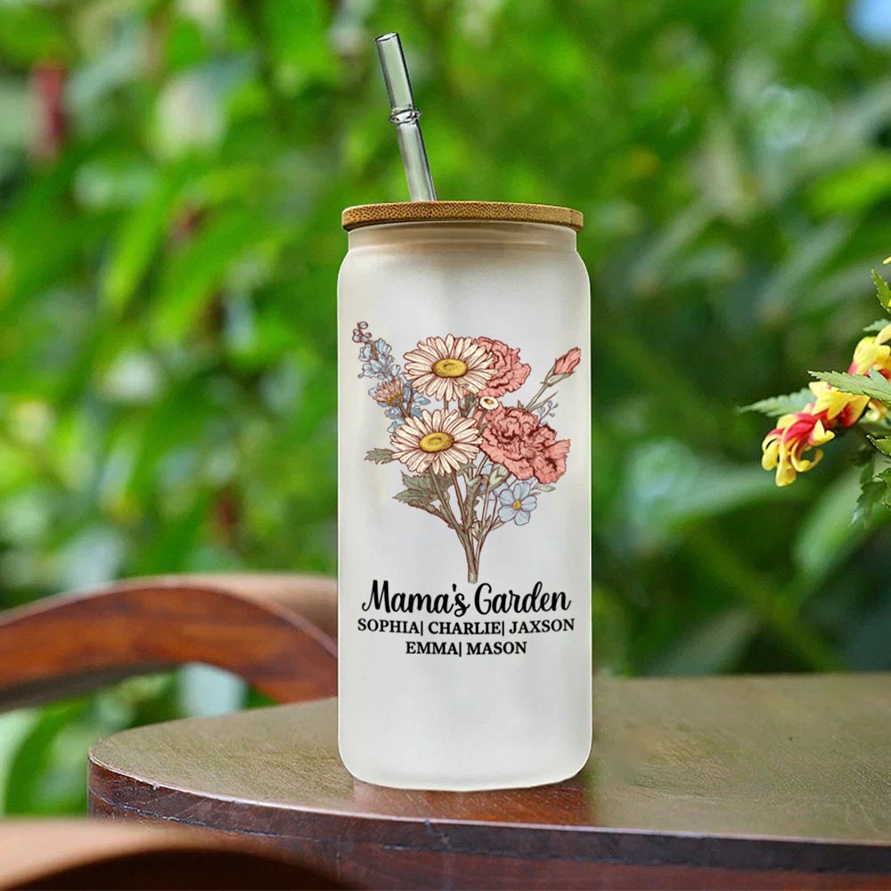 Personalized Watercolor Birth Flower Glass Cup, Custom Name Frosted Glass Tumbler with Bamboo Lid and Straw, Birthday/Anniversary Gift for Family/Her