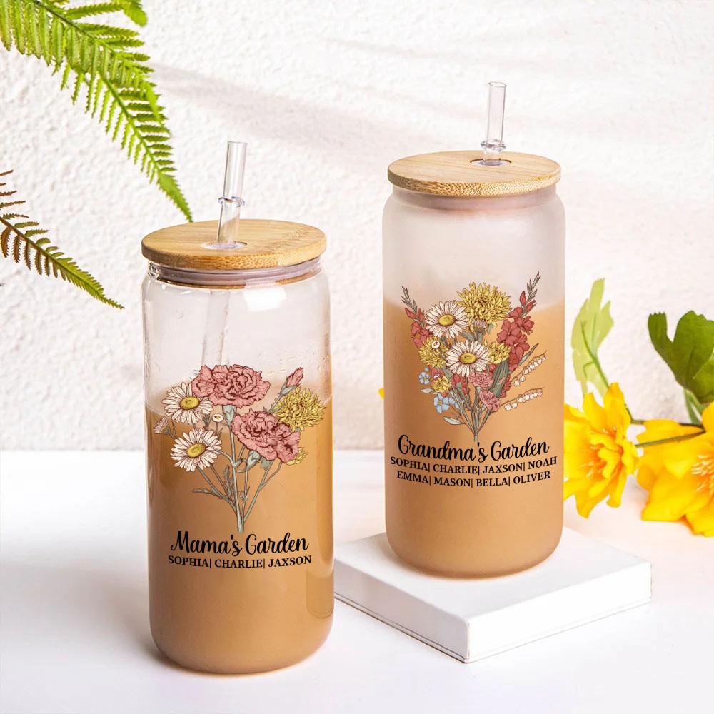 Personalized Watercolor Birth Flower Glass Cup, Custom Name Frosted Glass Tumbler with Bamboo Lid and Straw, Birthday/Anniversary Gift for Family/Her