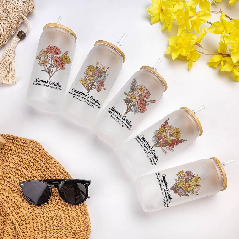 Personalized Watercolor Birth Flower Glass Cup, Custom Name Frosted Glass Tumbler with Bamboo Lid and Straw, Birthday/Anniversary Gift for Family/Her