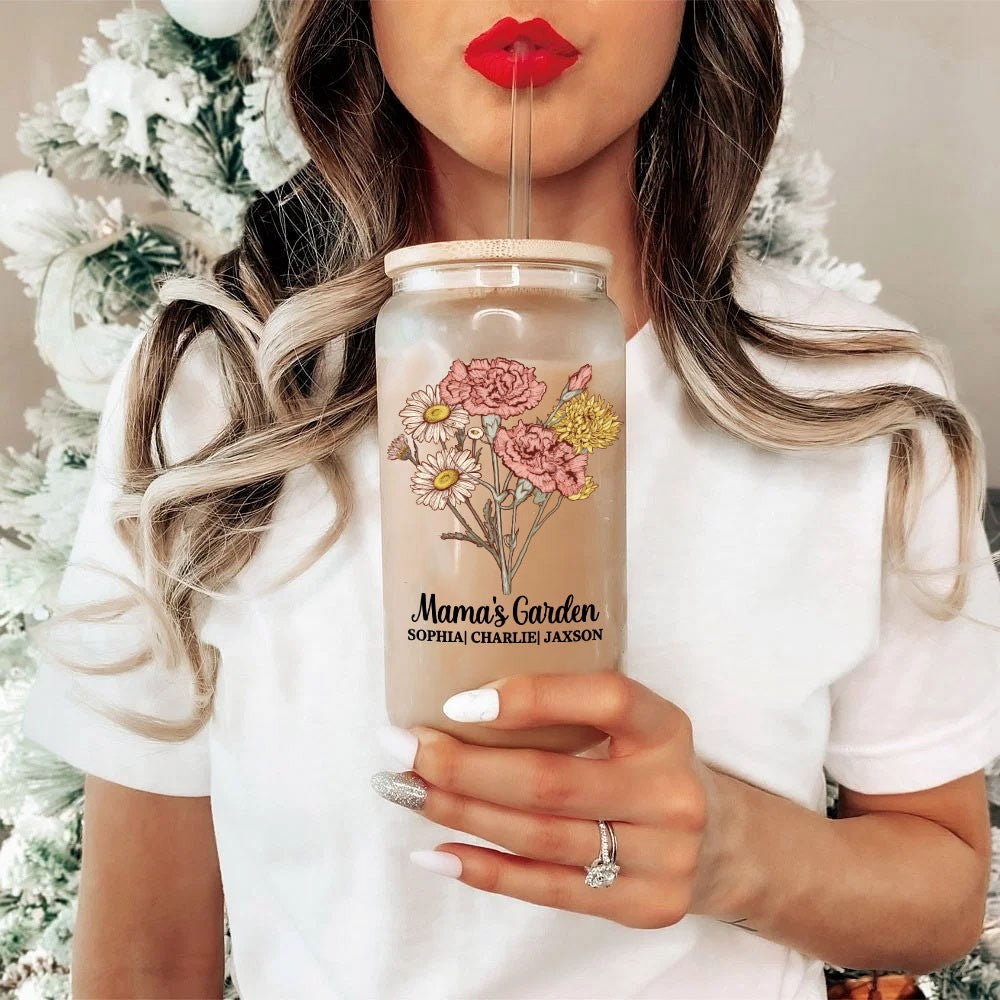Personalized Watercolor Birth Flower Glass Cup, Custom Name Frosted Glass Tumbler with Bamboo Lid and Straw, Birthday/Anniversary Gift for Family/Her