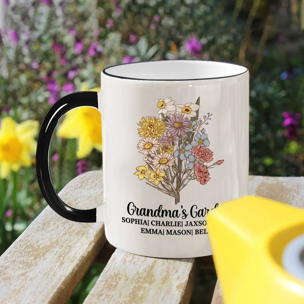 Personalized Grandma's Garden Ceramics Mug, Custom Colorful Birth Flower Bouquet Mug, Mother's Day/Birthday Gifts for Mom/Grandmom/Family