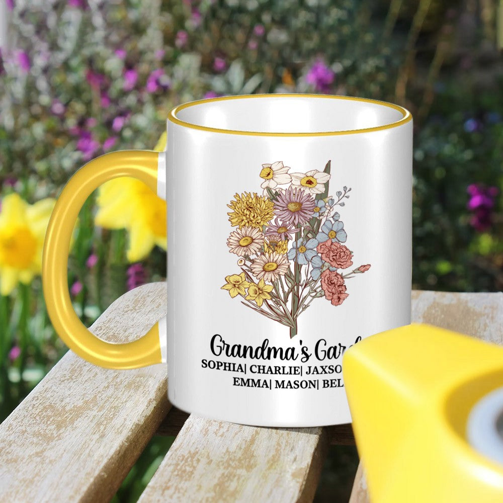 Personalized Grandma's Garden Ceramics Mug, Custom Colorful Birth Flower Bouquet Mug, Mother's Day/Birthday Gifts for Mom/Grandmom/Family