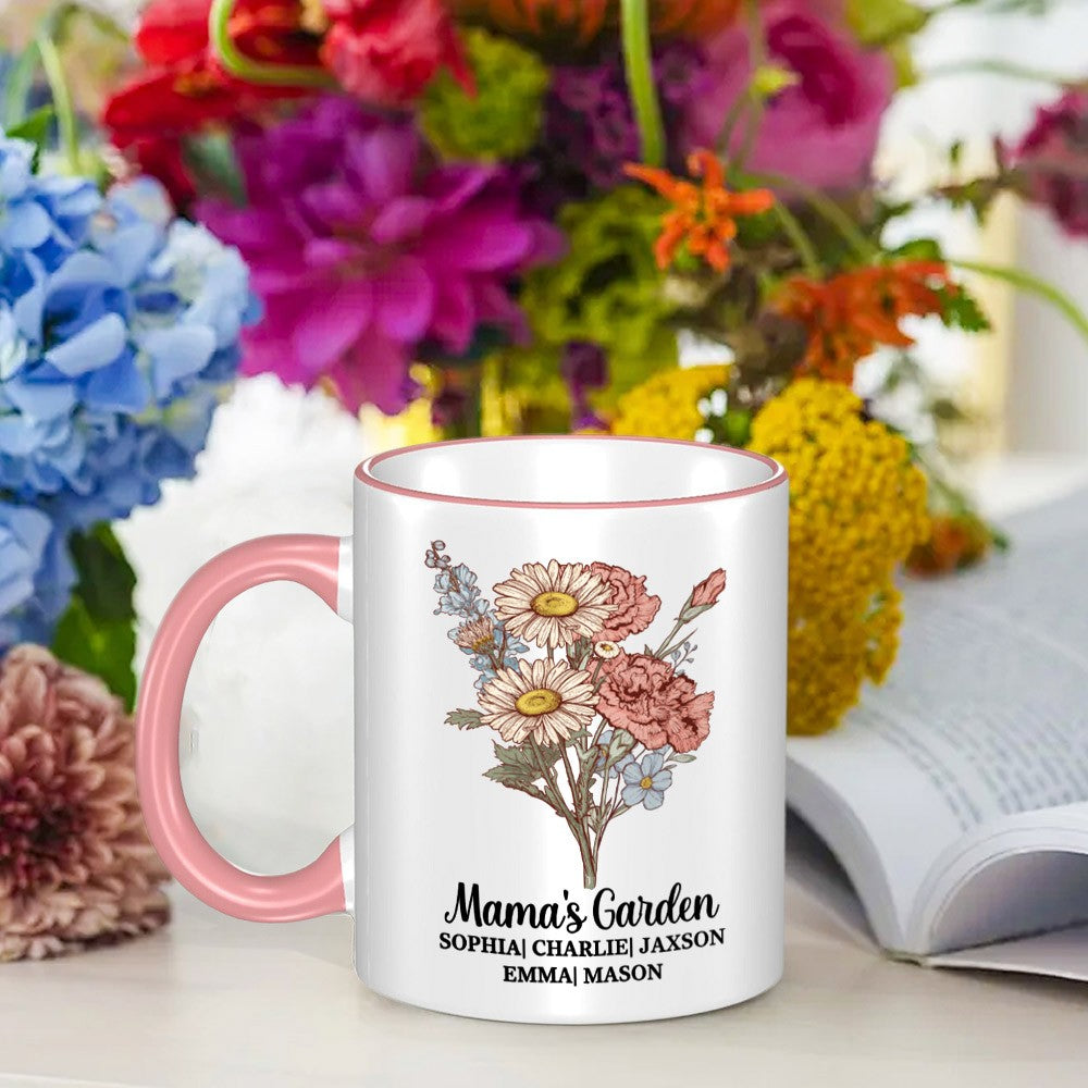 Personalized Grandma's Garden Ceramics Mug, Custom Colorful Birth Flower Bouquet Mug, Mother's Day/Birthday Gifts for Mom/Grandmom/Family