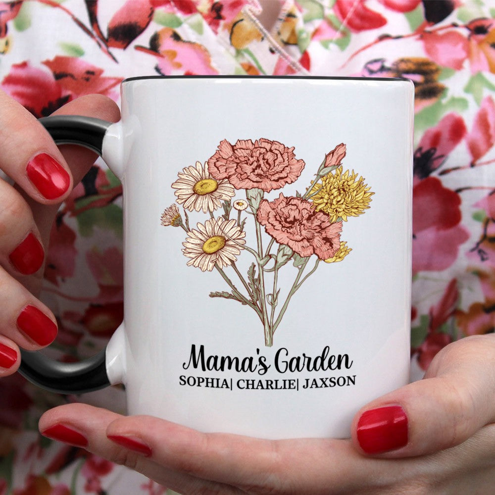 Personalized Grandma's Garden Ceramics Mug, Custom Colorful Birth Flower Bouquet Mug, Mother's Day/Birthday Gifts for Mom/Grandmom/Family