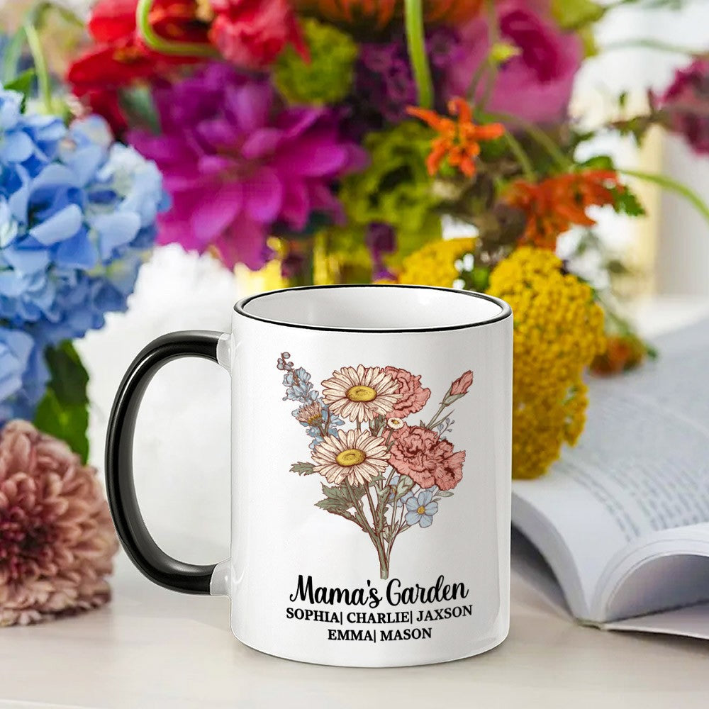 Personalized Grandma's Garden Ceramics Mug, Custom Colorful Birth Flower Bouquet Mug, Mother's Day/Birthday Gifts for Mom/Grandmom/Family