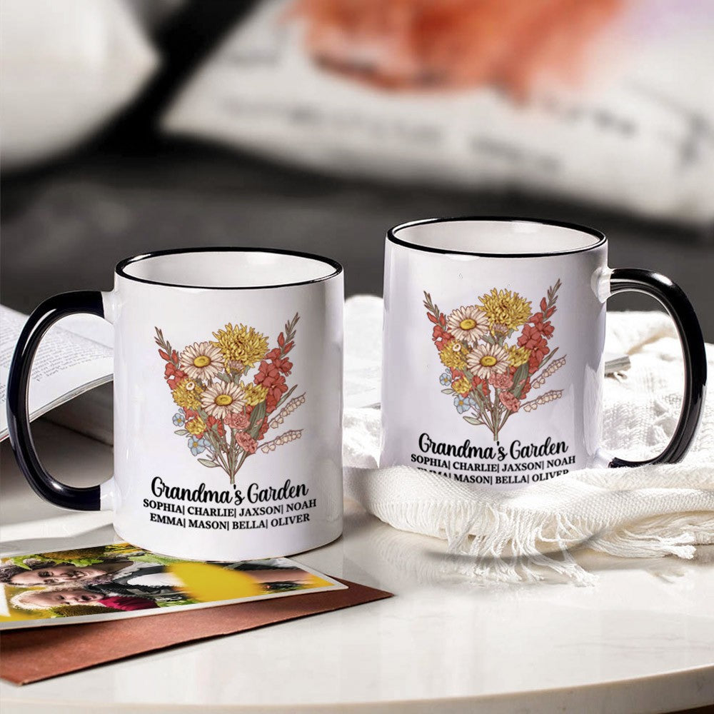 Personalized Grandma's Garden Ceramics Mug, Custom Colorful Birth Flower Bouquet Mug, Mother's Day/Birthday Gifts for Mom/Grandmom/Family