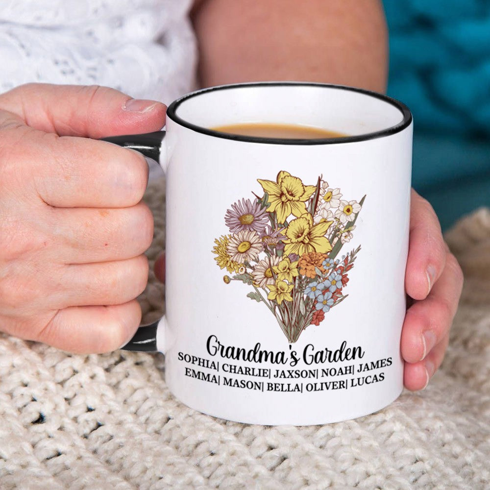 Personalized Grandma's Garden Ceramics Mug, Custom Colorful Birth Flower Bouquet Mug, Mother's Day/Birthday Gifts for Mom/Grandmom/Family