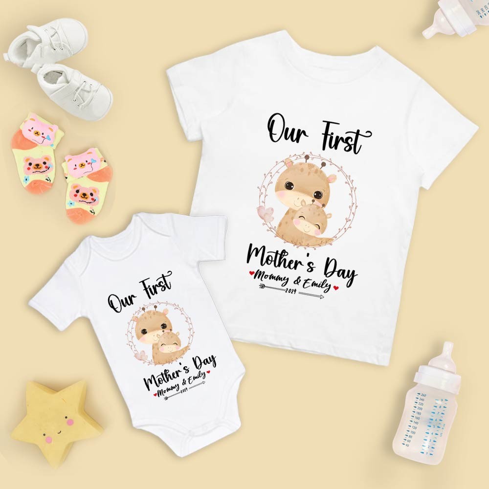 Our First Mother's Day Mom and Baby Set/Matching Shirt, Mummy and Baby Gift, Mama Baby Giraffes, T-shirt Bodysuit Romper Babygrow Vest Set, New Mom Gift, Mother's Day Gift