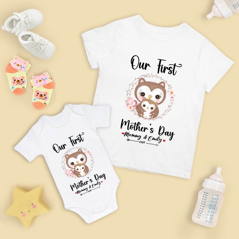 Our First Mother's Day Mom and Baby Set/Matching Shirt, Mummy and Baby Gift, Mama Baby Owls, T-shirt Bodysuit Romper Babygrow Vest Set, New Mom Gift, Mother's Day Gift