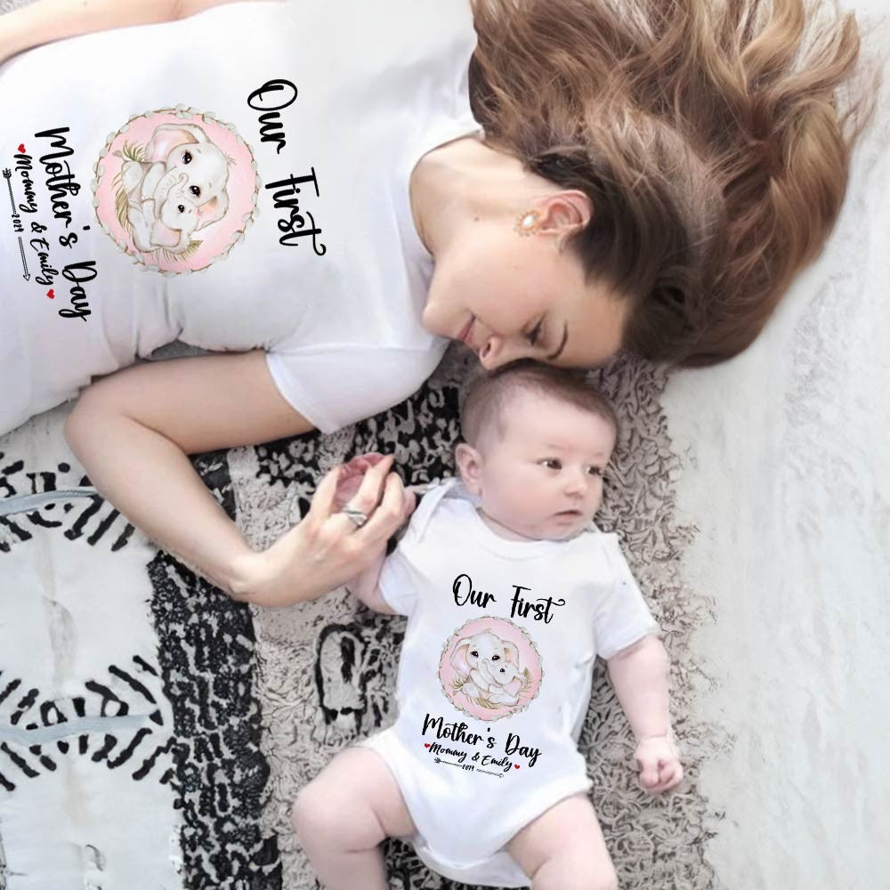 Our First Mother's Day Mom and Baby Set/Matching Shirt, Mummy and Baby Gift, Mama Baby Elephants, T-shirt Bodysuit Romper Babygrow Vest Set, New Mom Gift, Mother's Day Gift