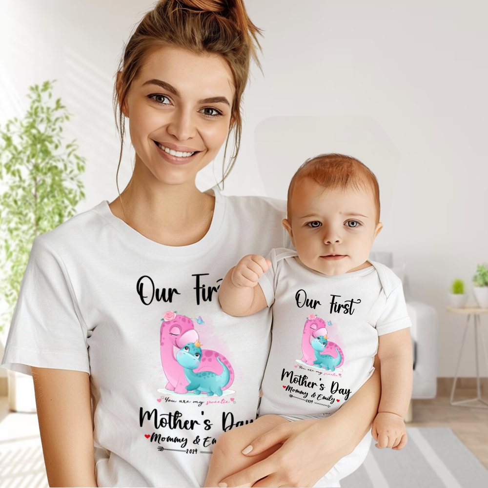 Our First Mother's Day Mom and Baby Set/Matching Shirt, Mummy and Baby Gift, Mama Baby Dinosaurs, T-shirt Bodysuit Romper Babygrow Vest Set, New Mom Gift, Mother's Day Gift