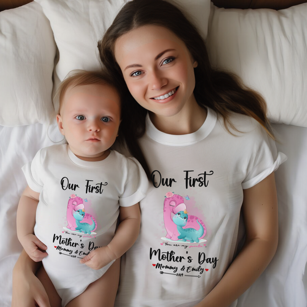 Our First Mother's Day Mom and Baby Set/Matching Shirt, Mummy and Baby Gift, Mama Baby Dinosaurs, T-shirt Bodysuit Romper Babygrow Vest Set, New Mom Gift, Mother's Day Gift