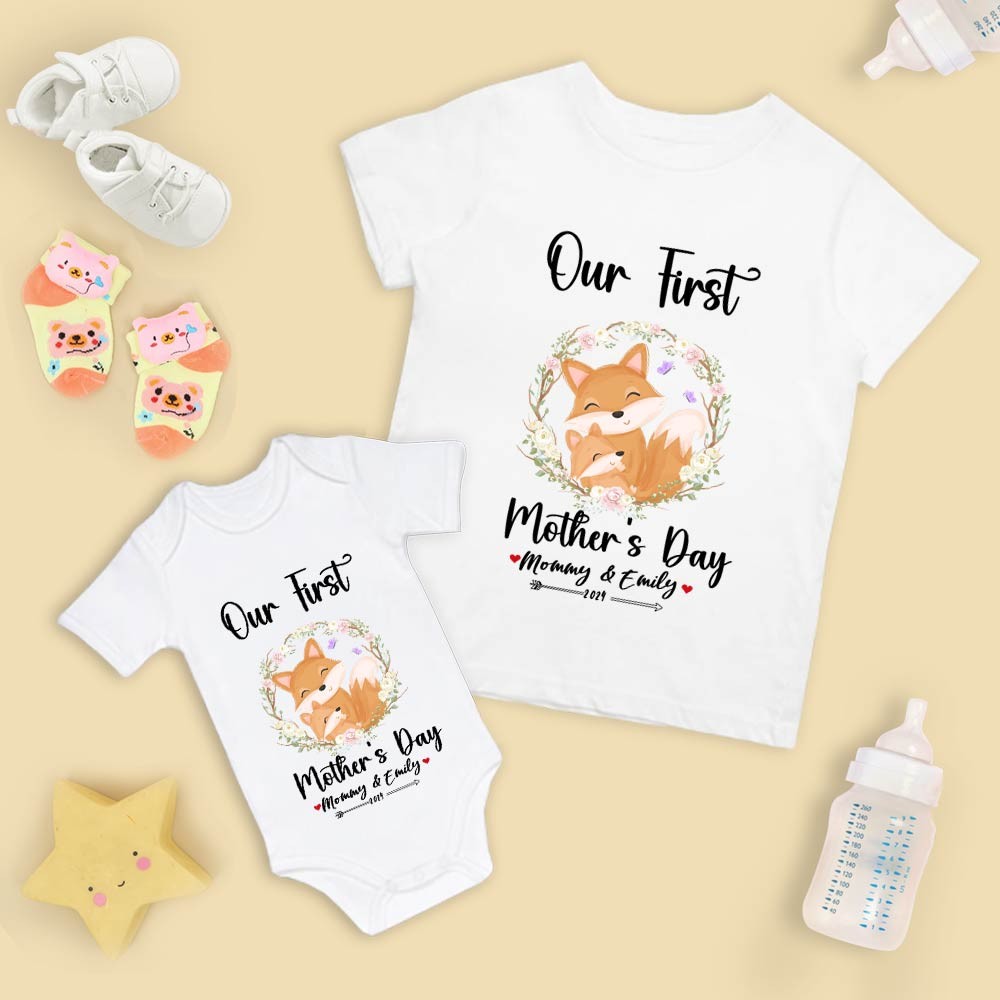 Our First Mother's Day Mom and Baby Set/Matching Shirt, Mummy and Baby Gift, Mama Baby Foxes, T-shirt Bodysuit Romper Babygrow Vest Set, New Mom Gift, Mother's Day Gift