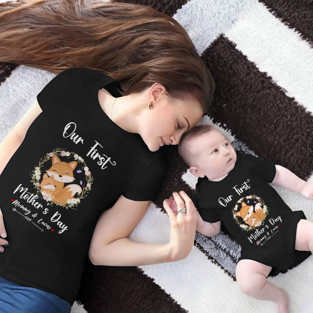Our First Mother's Day Mom and Baby Set/Matching Shirt, Mummy and Baby Gift, Mama Baby Foxes, T-shirt Bodysuit Romper Babygrow Vest Set, New Mom Gift, Mother's Day Gift