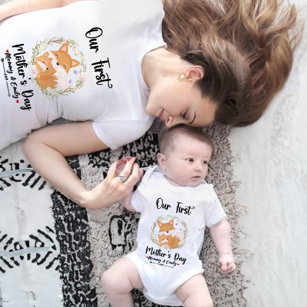 Our First Mother's Day Mom and Baby Set/Matching Shirt, Mummy and Baby Gift, Mama Baby Foxes, T-shirt Bodysuit Romper Babygrow Vest Set, New Mom Gift, Mother's Day Gift