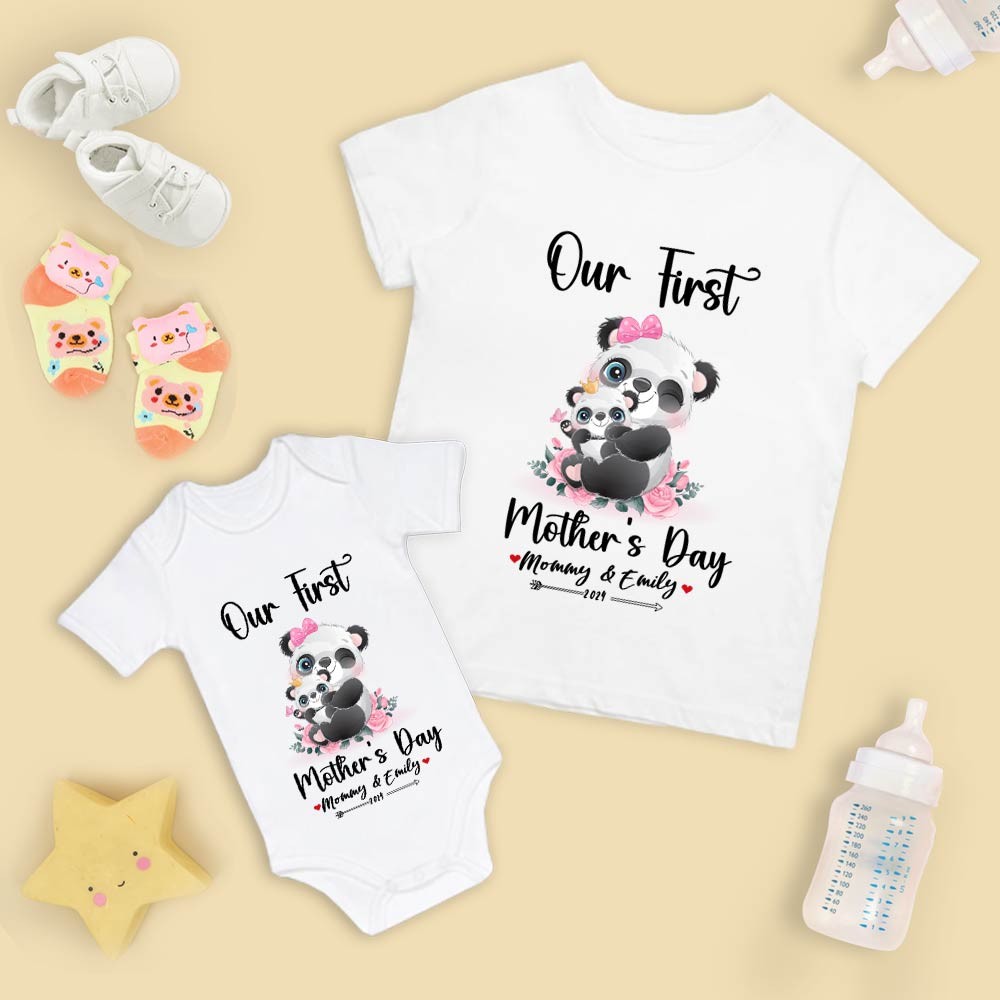 Our First Mother's Day Mom and Baby Set/Matching Shirt, Mummy and Baby Gift, Mama Baby Pandas, T-shirt Bodysuit Romper Babygrow Vest Set, New Mom Gift, Mother's Day Gift