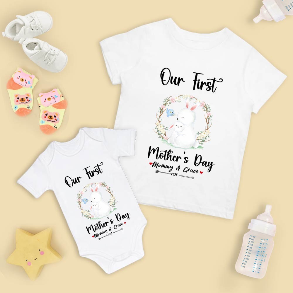 Our First Mother's Day Mom and Baby Set/Matching Shirt, Mummy and Baby Gift, Mama Baby Bunnies, T-shirt Bodysuit Romper Babygrow Vest Set, New Mom Gift, Mother's Day Gift