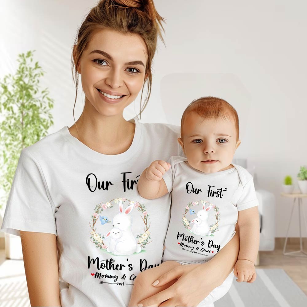 Our First Mother's Day Mom and Baby Set/Matching Shirt, Mummy and Baby Gift, Mama Baby Bunnies, T-shirt Bodysuit Romper Babygrow Vest Set, New Mom Gift, Mother's Day Gift