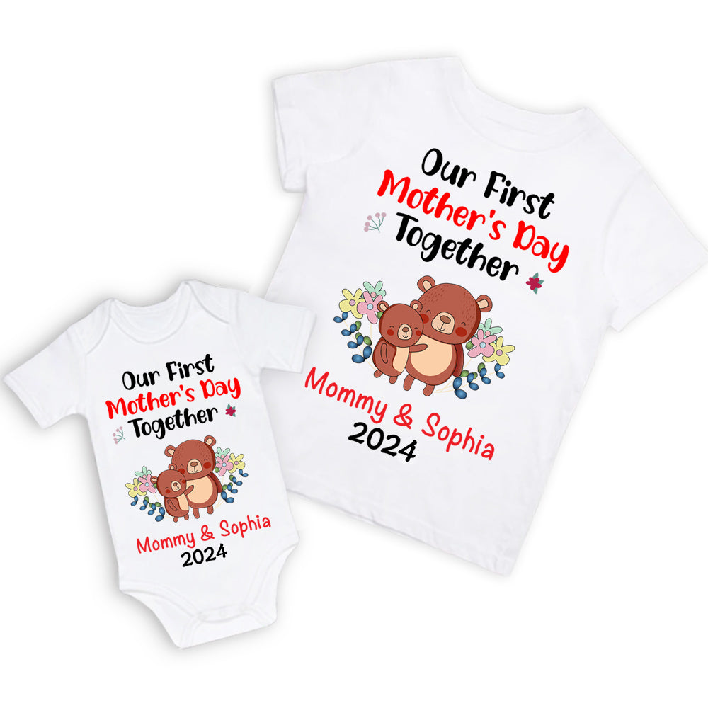 Personalized Animals/Pattern T-shirt and Baby Onesie, Our First Mother's Day Mom and Baby Set 100% Cotton, Holiday Party Gift for Newborn New Mom
