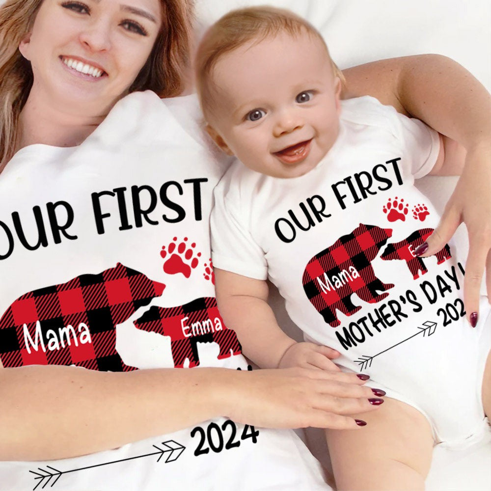 Personalized Animals/Pattern T-shirt and Baby Onesie, Our First Mother's Day Mom and Baby Set 100% Cotton, Holiday Party Gift for Newborn New Mom