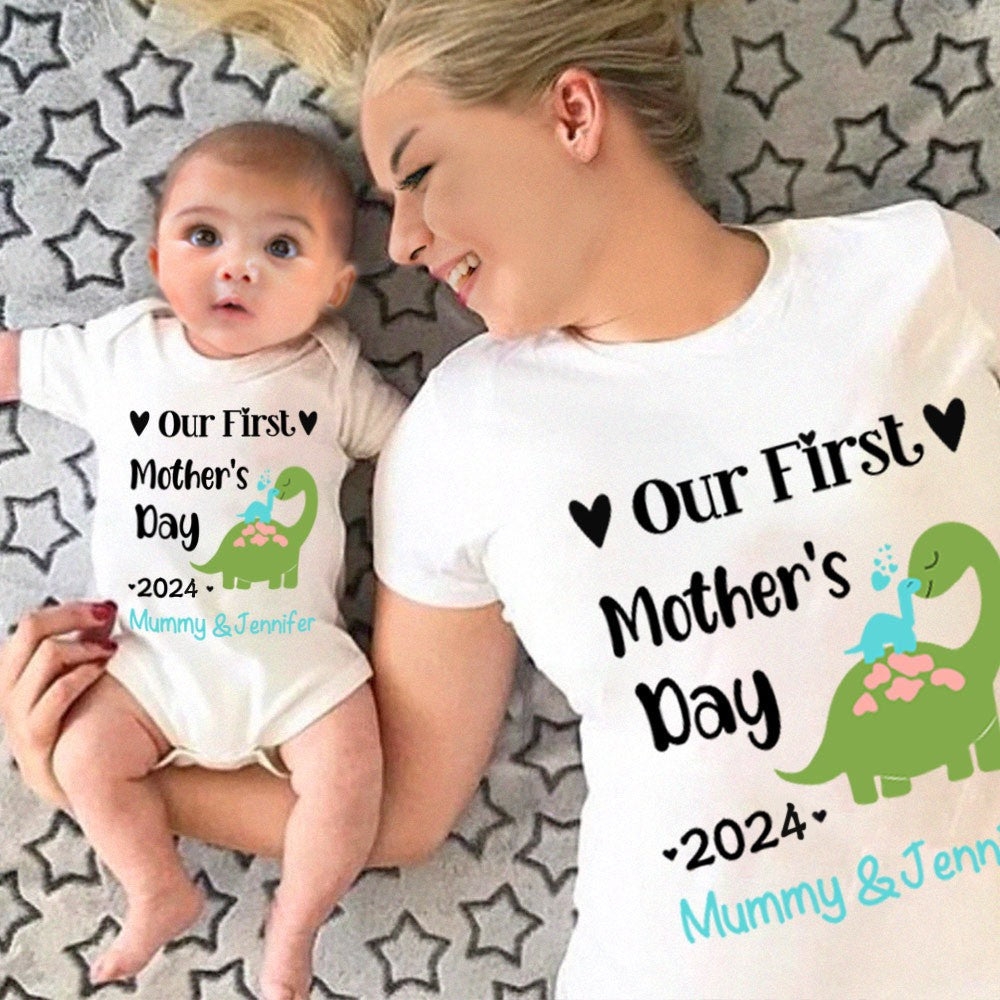 Personalized Animals/Pattern T-shirt and Baby Onesie, Our First Mother's Day Mom and Baby Set 100% Cotton, Holiday Party Gift for Newborn New Mom