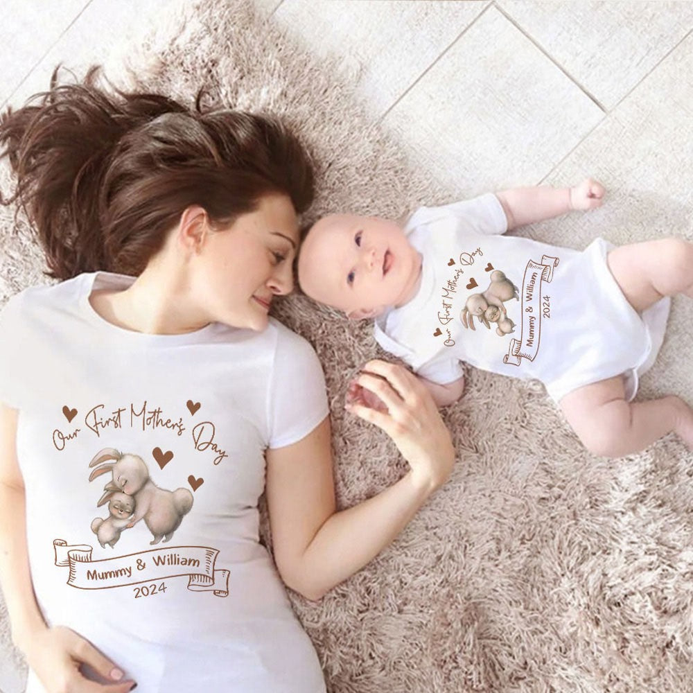 Personalized Animals/Pattern T-shirt and Baby Onesie, Our First Mother's Day Mom and Baby Set 100% Cotton, Holiday Party Gift for Newborn New Mom