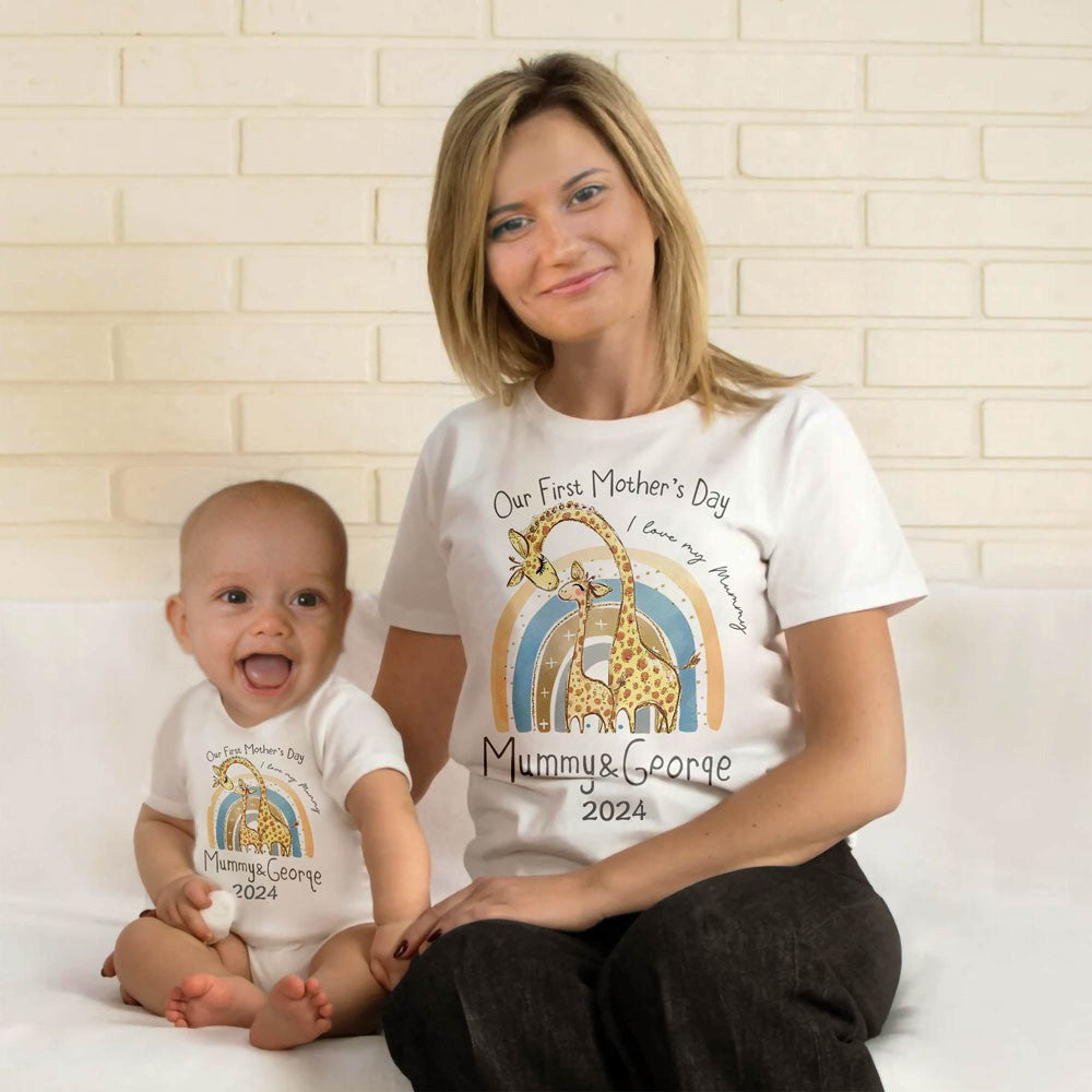 Personalized Animals/Pattern T-shirt and Baby Onesie, Our First Mother's Day Mom and Baby Set 100% Cotton, Holiday Party Gift for Newborn New Mom