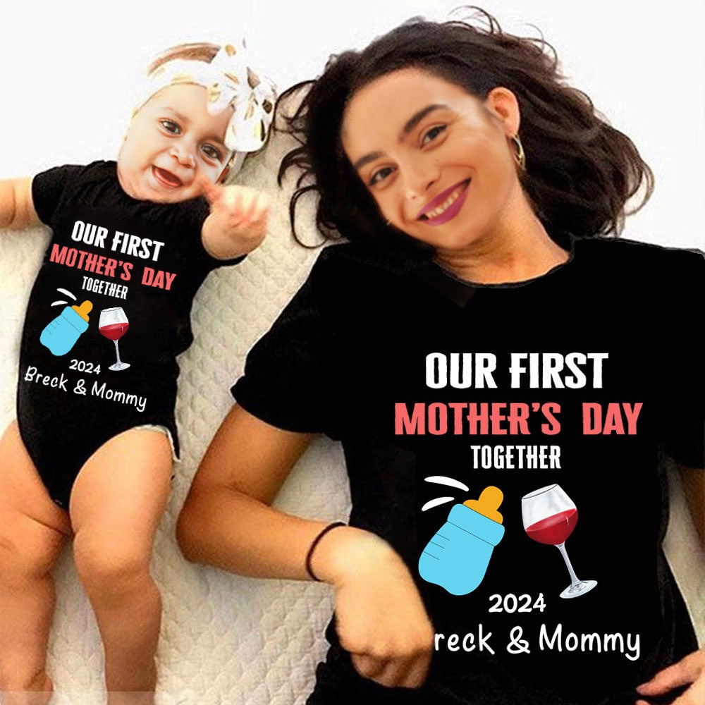 Personalized Animals/Pattern T-shirt and Baby Onesie, Our First Mother's Day Mom and Baby Set 100% Cotton, Holiday Party Gift for Newborn New Mom