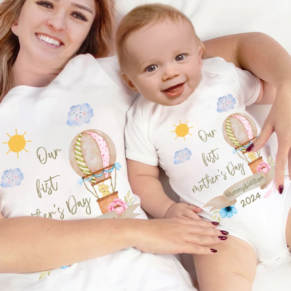 Personalized Animals/Pattern T-shirt and Baby Onesie, Our First Mother's Day Mom and Baby Set 100% Cotton, Holiday Party Gift for Newborn New Mom
