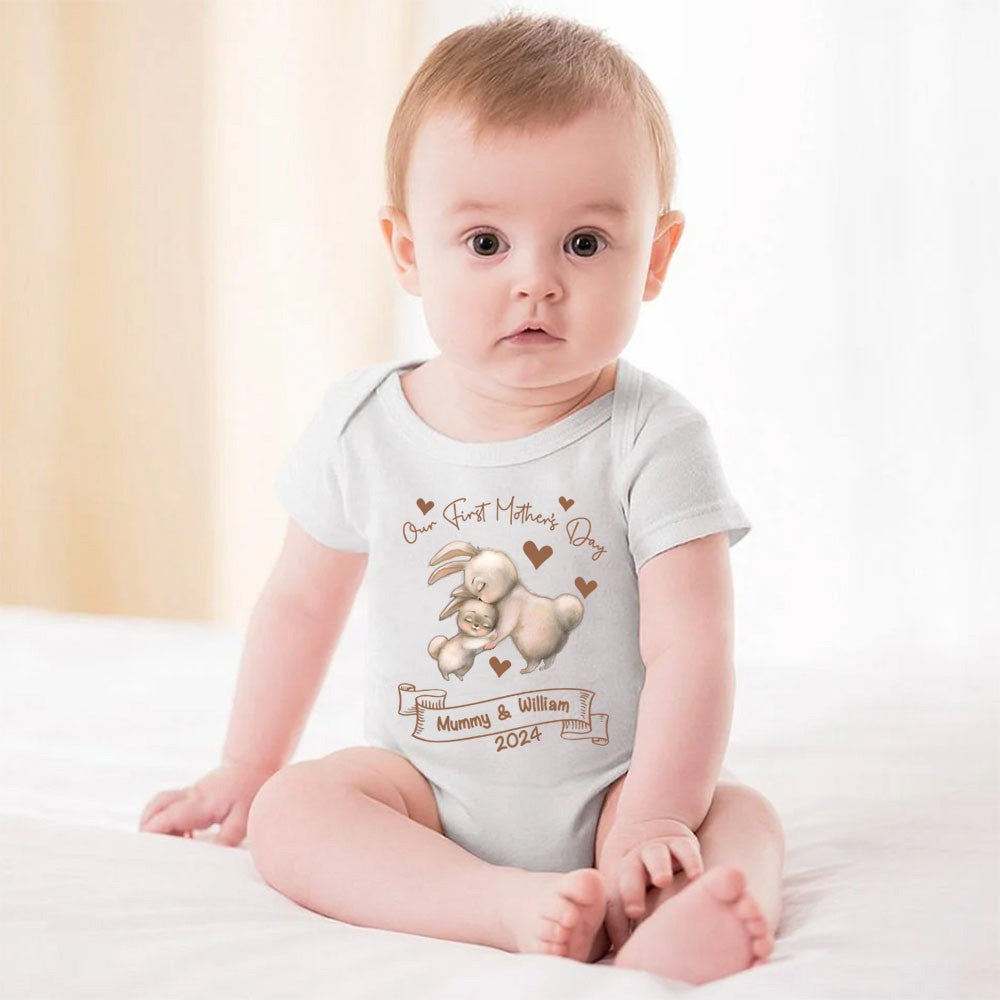 Personalized Animals/Pattern T-shirt and Baby Onesie, Our First Mother's Day Mom and Baby Set 100% Cotton, Holiday Party Gift for Newborn New Mom