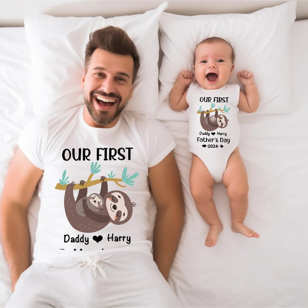 Custom Sloth Name Parent-child Shirt, Our First Father's Day Shirt, Cotton T-shirt/Rompers, Birthday/Father's Gift for Dad/Grandpa