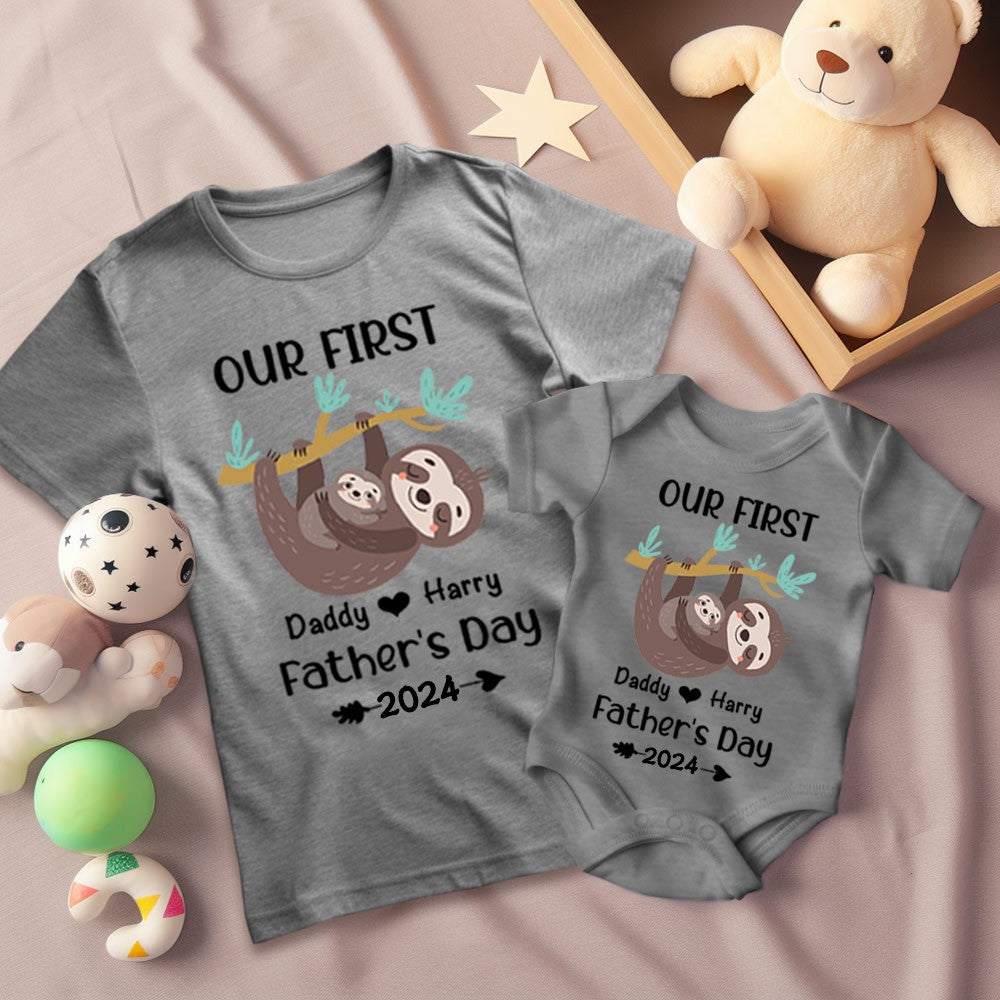 Custom Sloth Name Parent-child Shirt, Our First Father's Day Shirt, Cotton T-shirt/Rompers, Birthday/Father's Gift for Dad/Grandpa