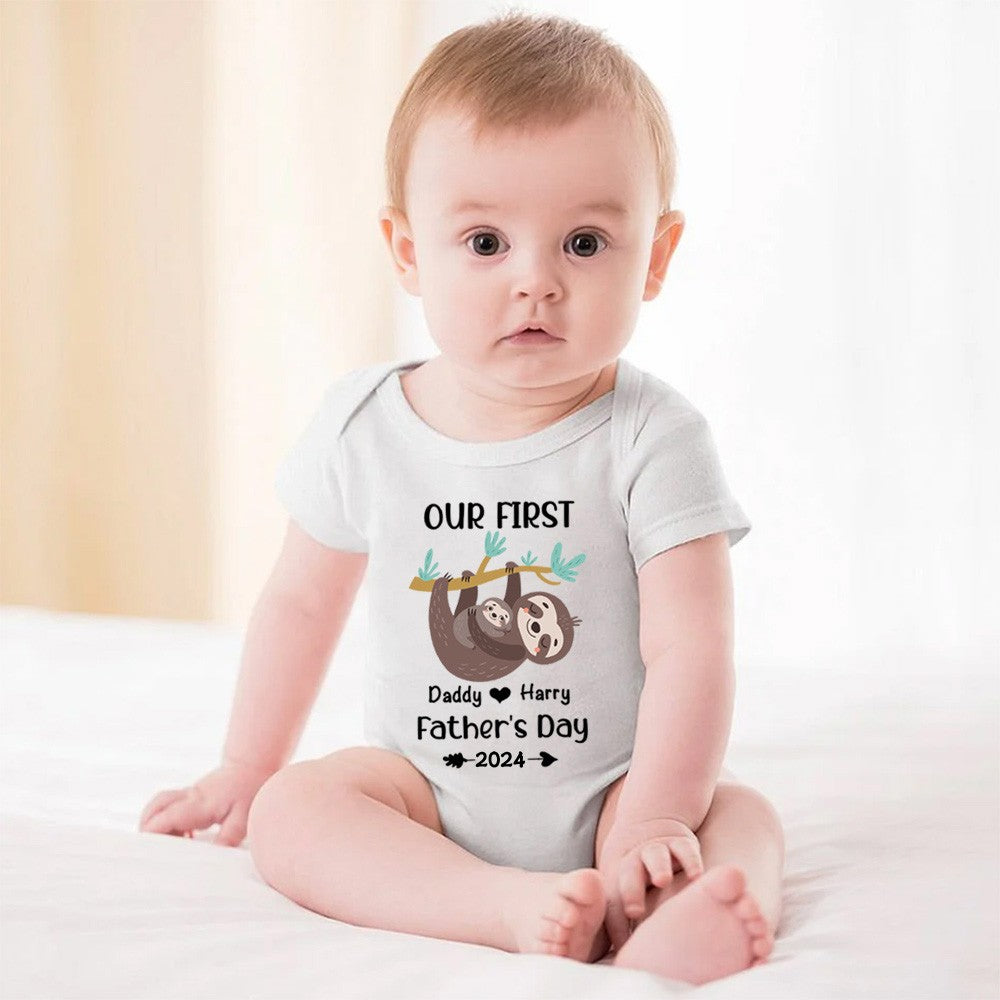 Custom Sloth Name Parent-child Shirt, Our First Father's Day Shirt, Cotton T-shirt/Rompers, Birthday/Father's Gift for Dad/Grandpa