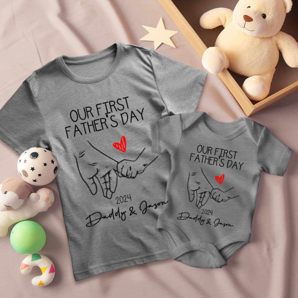 Customized Holding Hands Name Parent-child Shirt, Our First Father's Day Shirt, Cotton Father&Baby Bodysuit, Birthday/Father's Gift for Dad/Grandpa