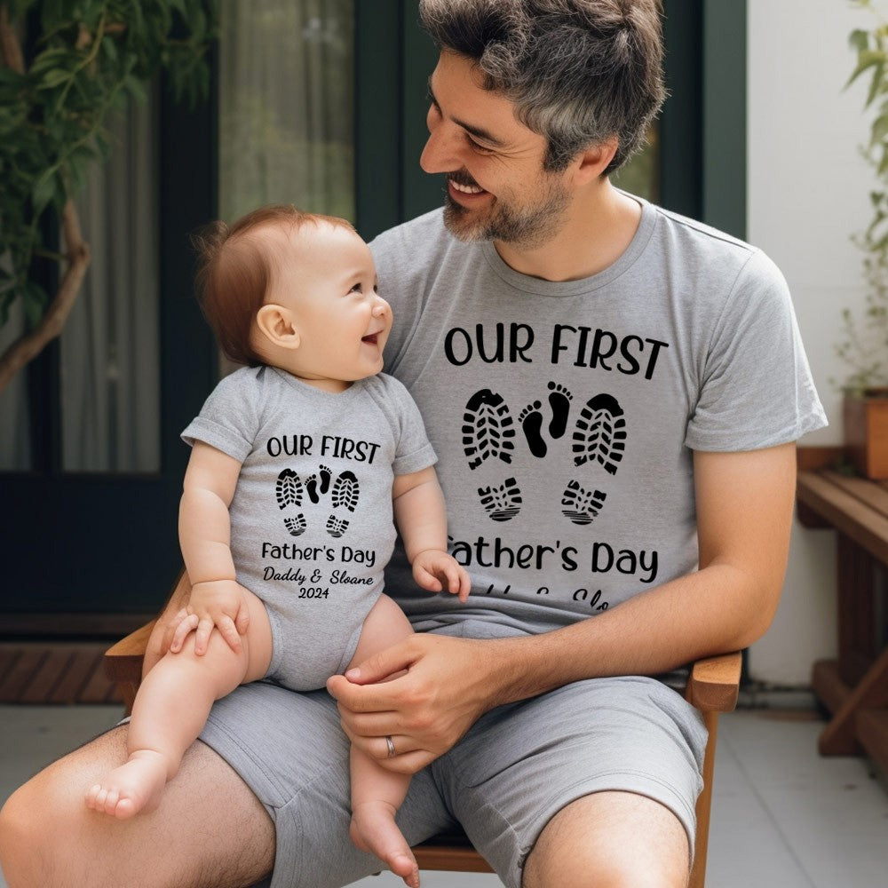 Personalized Name Footprint Parent-Child Shirts, Father Son Matching Shirts, Cotton T-Shirt and Bodysuit, Father's Day Gift, Gift for Dad/Newborn/Baby