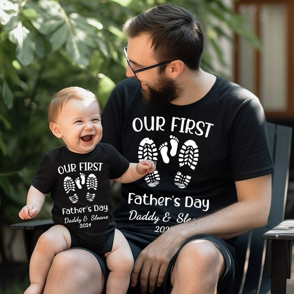 Personalized Name Footprint Parent-Child Shirts, Father Son Matching Shirts, Cotton T-Shirt and Bodysuit, Father's Day Gift, Gift for Dad/Newborn/Baby