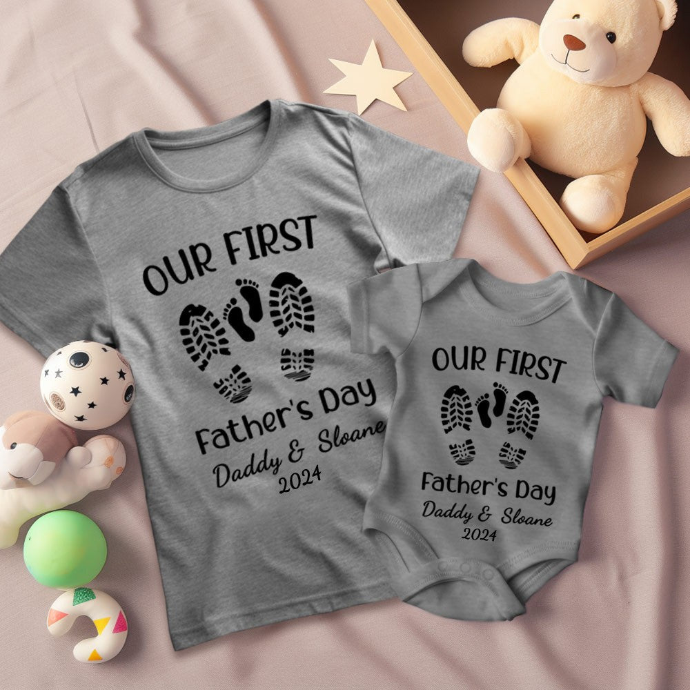 Personalized Name Footprint Parent-Child Shirts, Father Son Matching Shirts, Cotton T-Shirt and Bodysuit, Father's Day Gift, Gift for Dad/Newborn/Baby