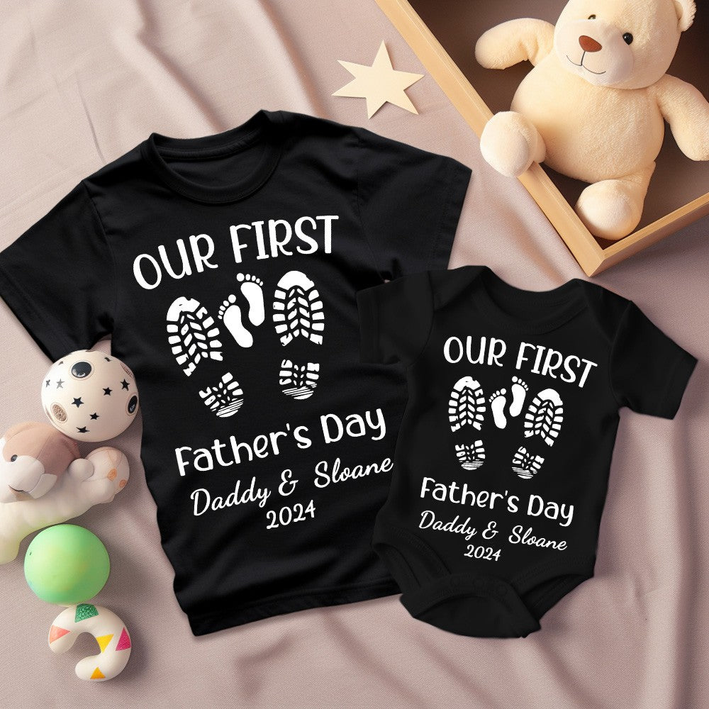 Personalized Name Footprint Parent-Child Shirts, Father Son Matching Shirts, Cotton T-Shirt and Bodysuit, Father's Day Gift, Gift for Dad/Newborn/Baby