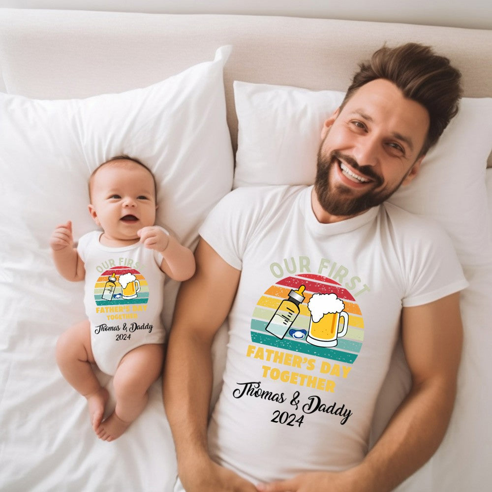 Personalized Beer & Bottle Matching Shirts, Our First Father's Day Together Shirt, Cotton T-shirts/Rompers, Family Shirts, Gifts for New Dads/Baby