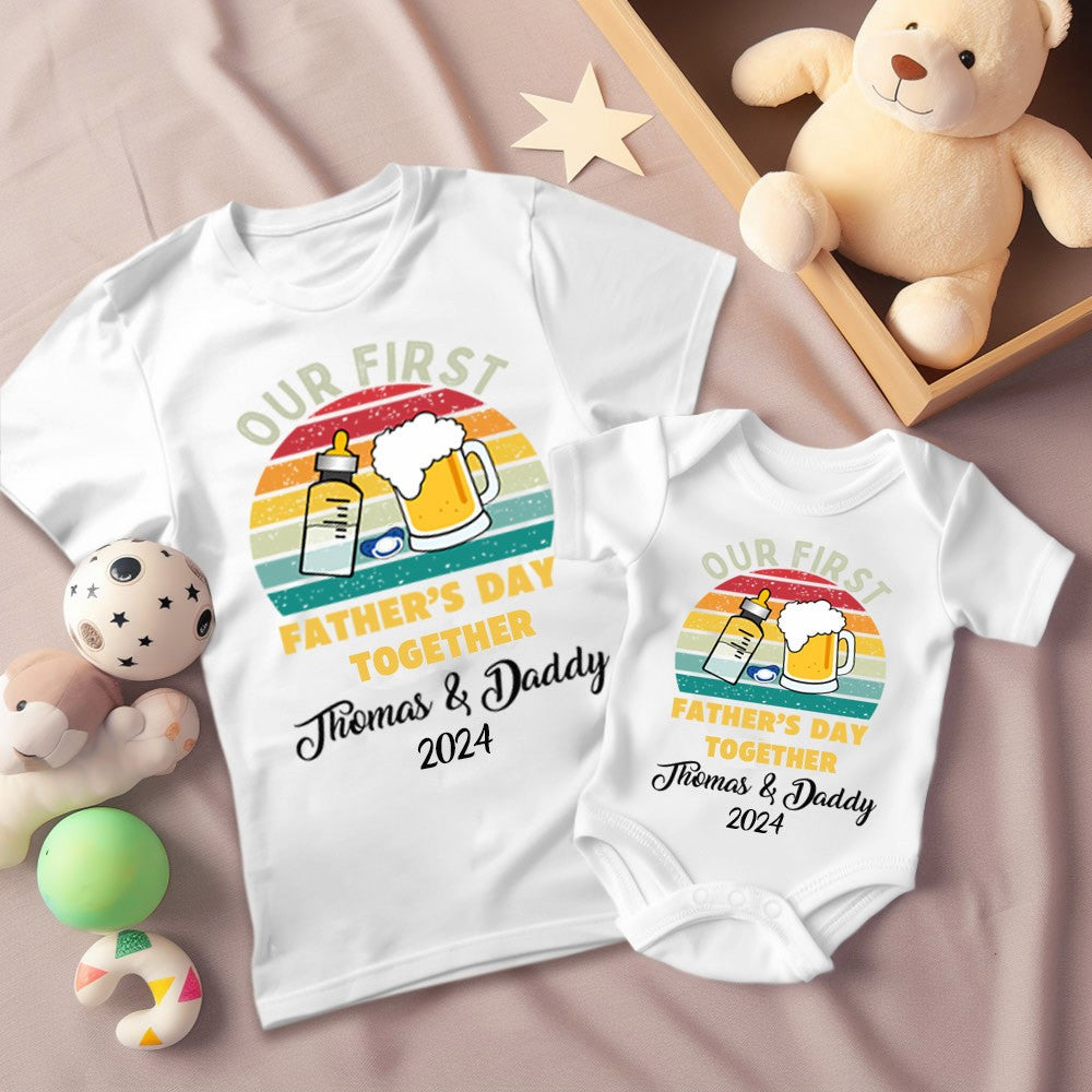 Personalized Beer & Bottle Matching Shirts, Our First Father's Day Together Shirt, Cotton T-shirts/Rompers, Family Shirts, Gifts for New Dads/Baby